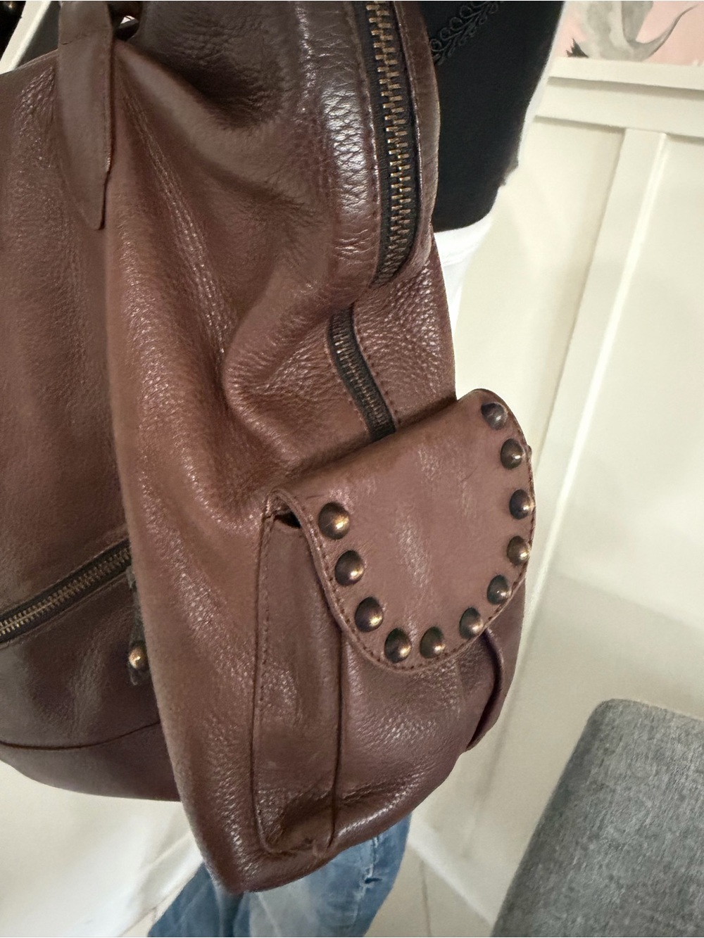 Betsey Johnson Brown Leather Heart Bowler Hobo Bag Large Studded - Picture 4 of 16